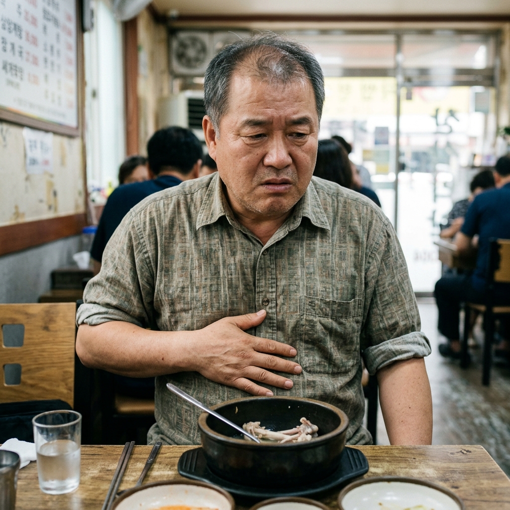 복날 삼계탕을 먹고 배를 쓸어 내리며 불편한 표정을 짓는 50대 후반 남성의 모습, 여름철 반팔 셔츠 차림, 식탁 위 빈 그릇