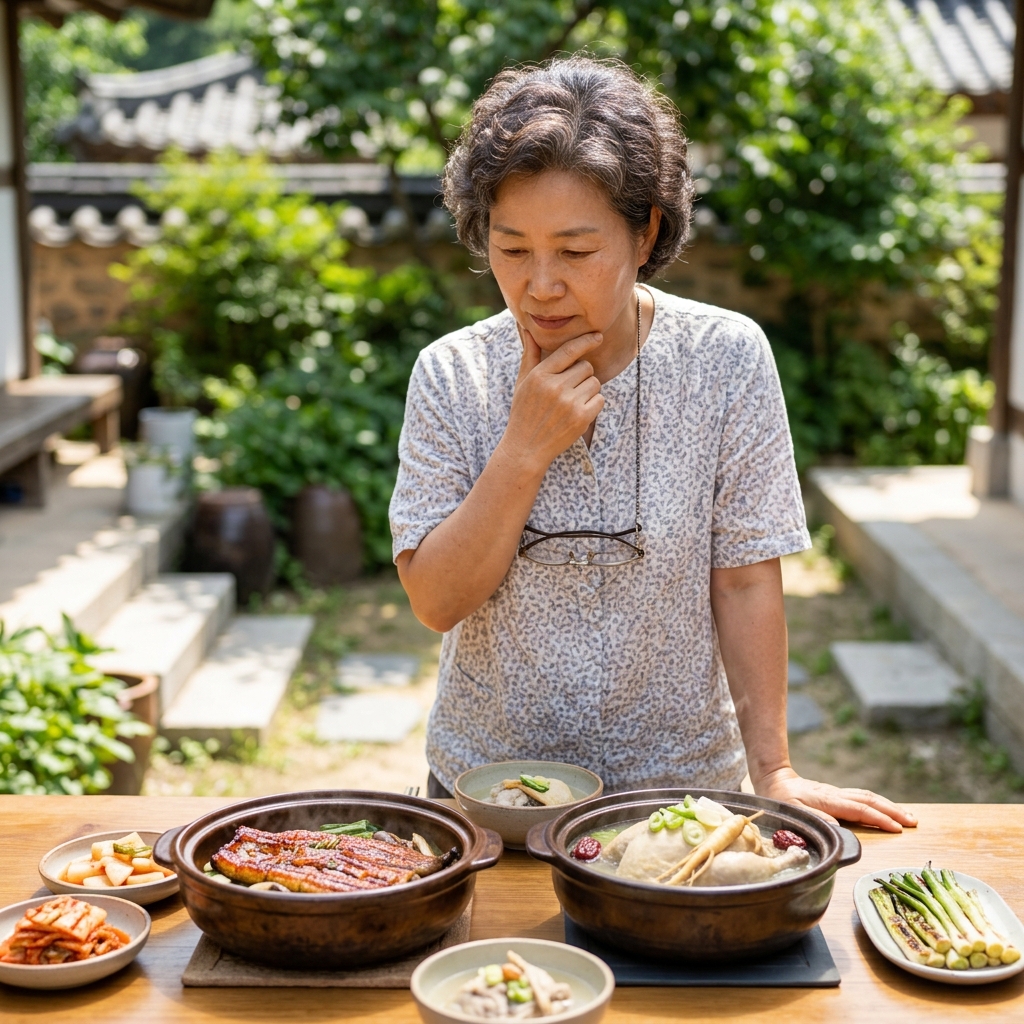 여름 햇살이 비치는 식탁 위에 장어구이와 삼계탕이 나란히 놓여 있고, 중년 한국인이 메뉴를 고민하며 바라보는 모습