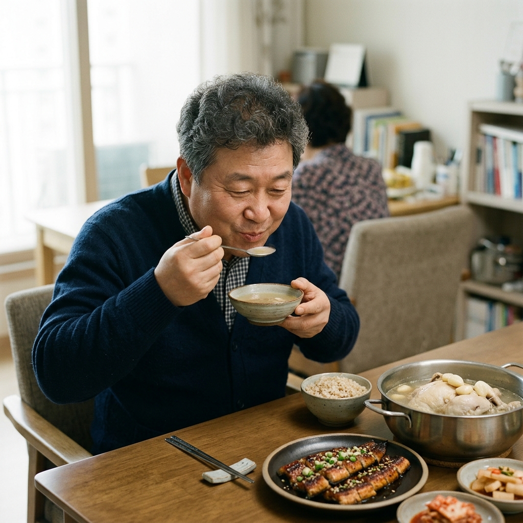 실내 식탁에서 중년 한국인이 삼계탕 국물을 떠먹으며 편안한 표정을 짓고, 옆에는 장어구이가 담긴 접시가 놓여 있는 장면