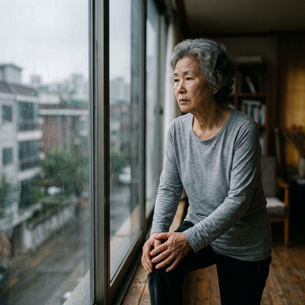 흐린 날 창가에 서서 무릎을 손으로 감싸고 있는 60대 후반 여성, 얇은 긴팔 셔츠 착용