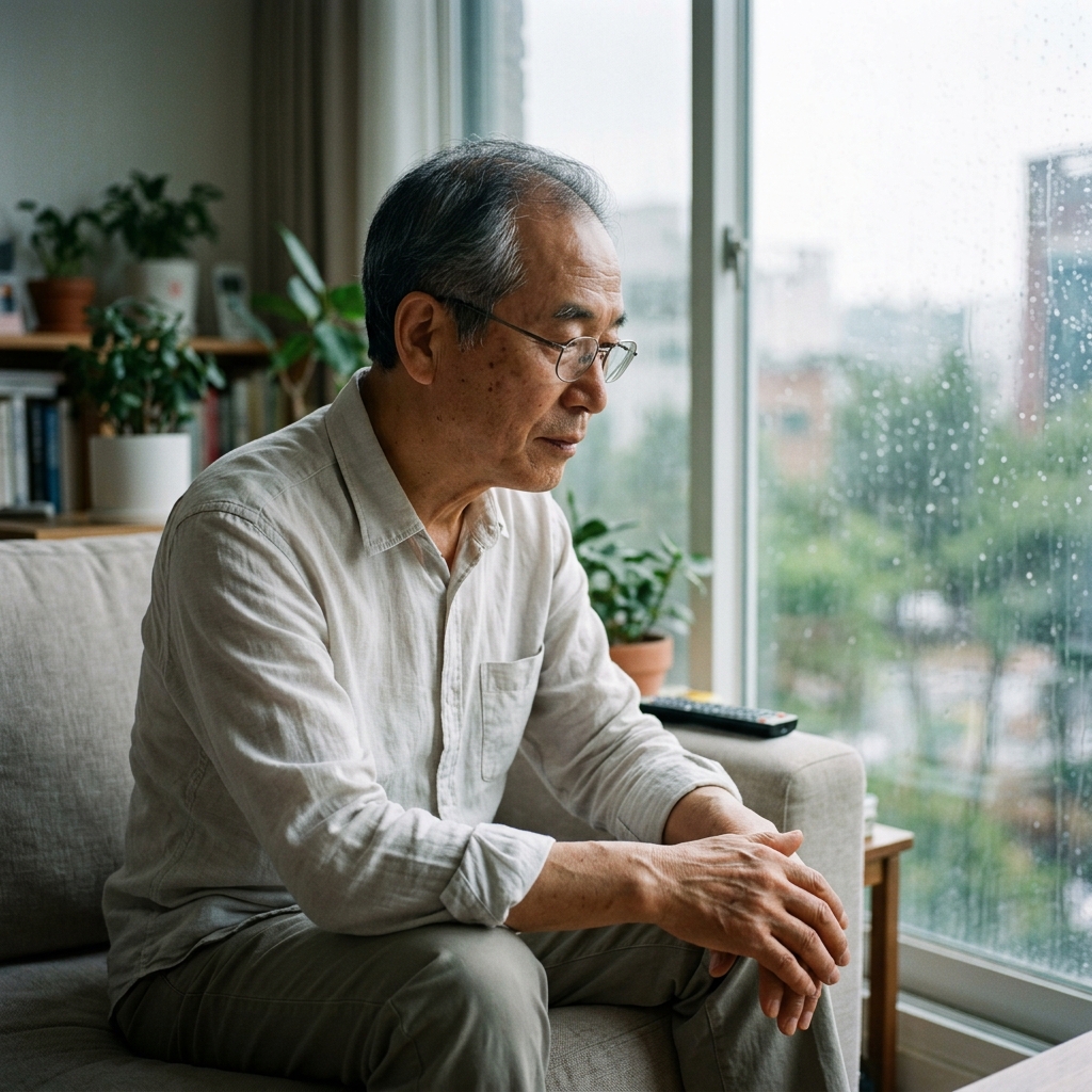 실내 소파에 앉아 무릎에 손을 얹고 창밖 빗소리를 듣는 70대 남성, 밝은 색 얇은 긴팔 셔츠