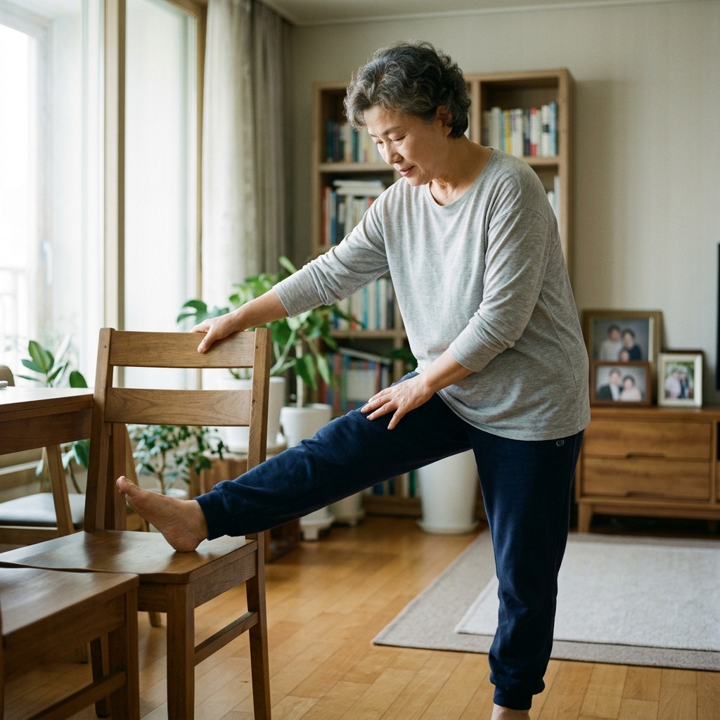 실내에서 의자를 잡고 무릎을 천천히 펴는 스트레칭을 하는 65세 여성, 밝은 회색 긴팔 티셔츠와 편안한 바지 착용