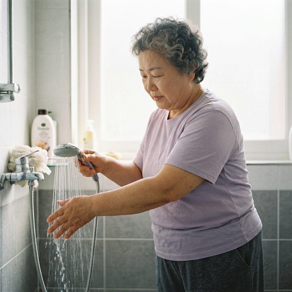 밝은 실내, 60대 후반 여성이 미지근한 물로 손목을 적시며 온도를 확인하는 장면, 샤워기 물줄기가 부드럽게 흐르는 모습