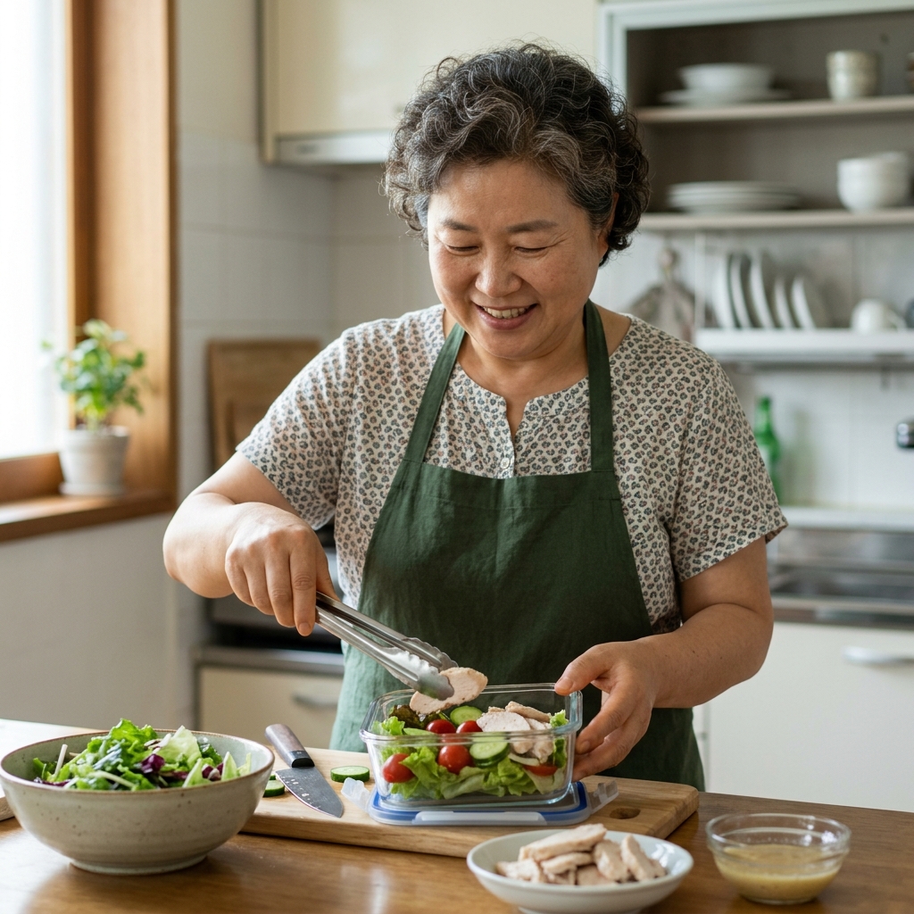 50대 여성이 주방에서 샐러드와 닭가슴살을 담은 투명 용기를 준비하며 웃고 있는 모습