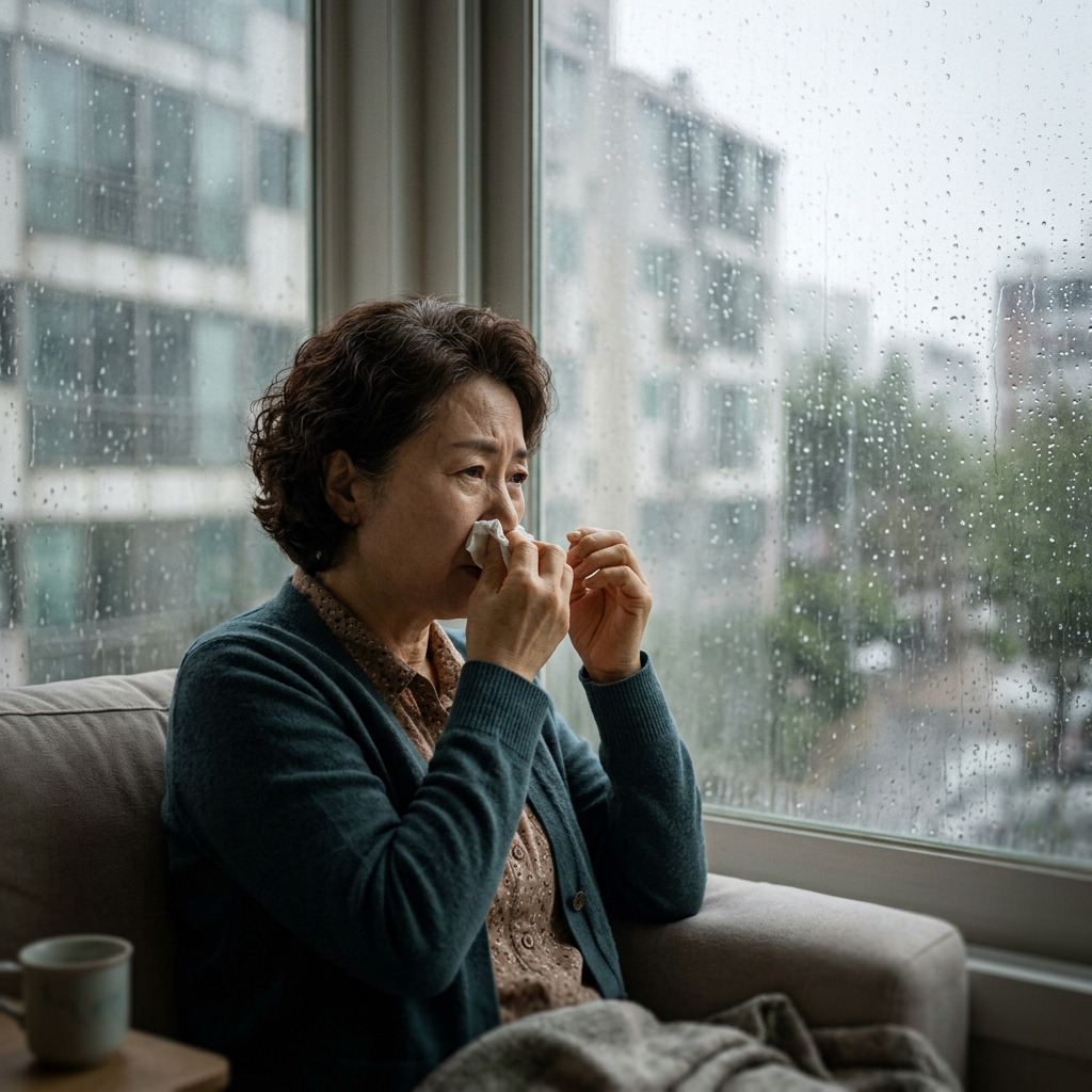 비 오는 날 창문 안쪽에 물방울이 맺힌 실내, 한국인 중년 여성이 코를 훔치며 불편한 표情으로 창가를 바라보는 모습