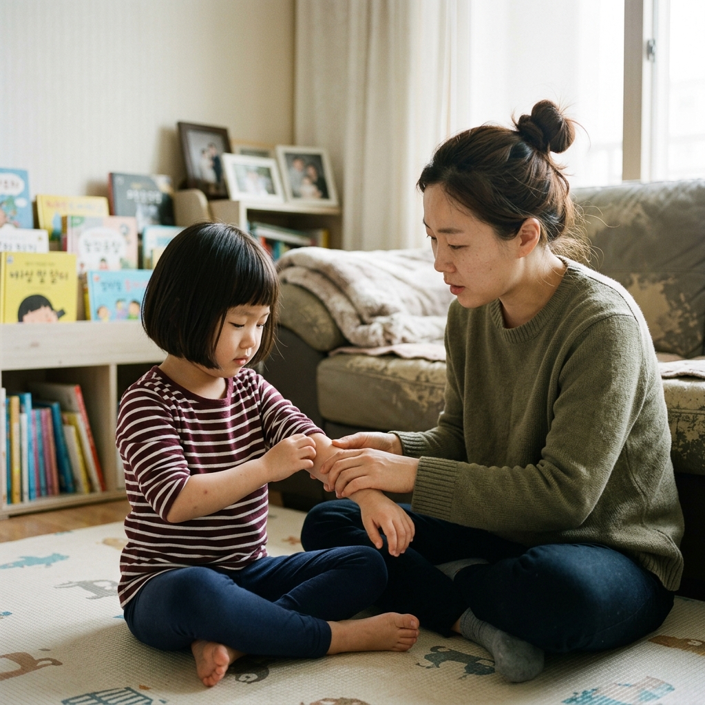 한국인 어린이가 팔을 긁으려다 보호자가 부드럽게 손을 잡아주는 실내 장면, 자연광, 따뜻한 톤, 텍스트 없음