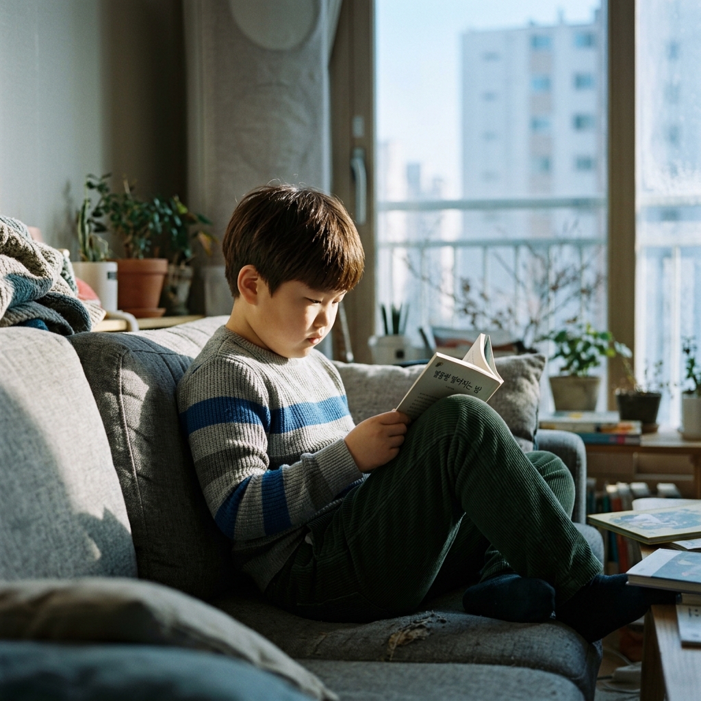 거실 소파에 앉아 책을 보거나 태블릿을 사용하는 초등학생 아이, 창밖으로 겨울 햇살이 비치지만 실내에만 머무는 모습