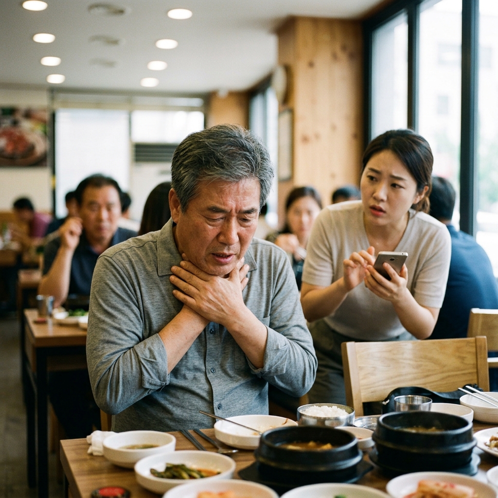 60대 남성이 식당 테이블에서 목을 감싸 쥐고 괴로워하는 모습, 옆 테이블 보호자가 급히 119를 누르는 장면