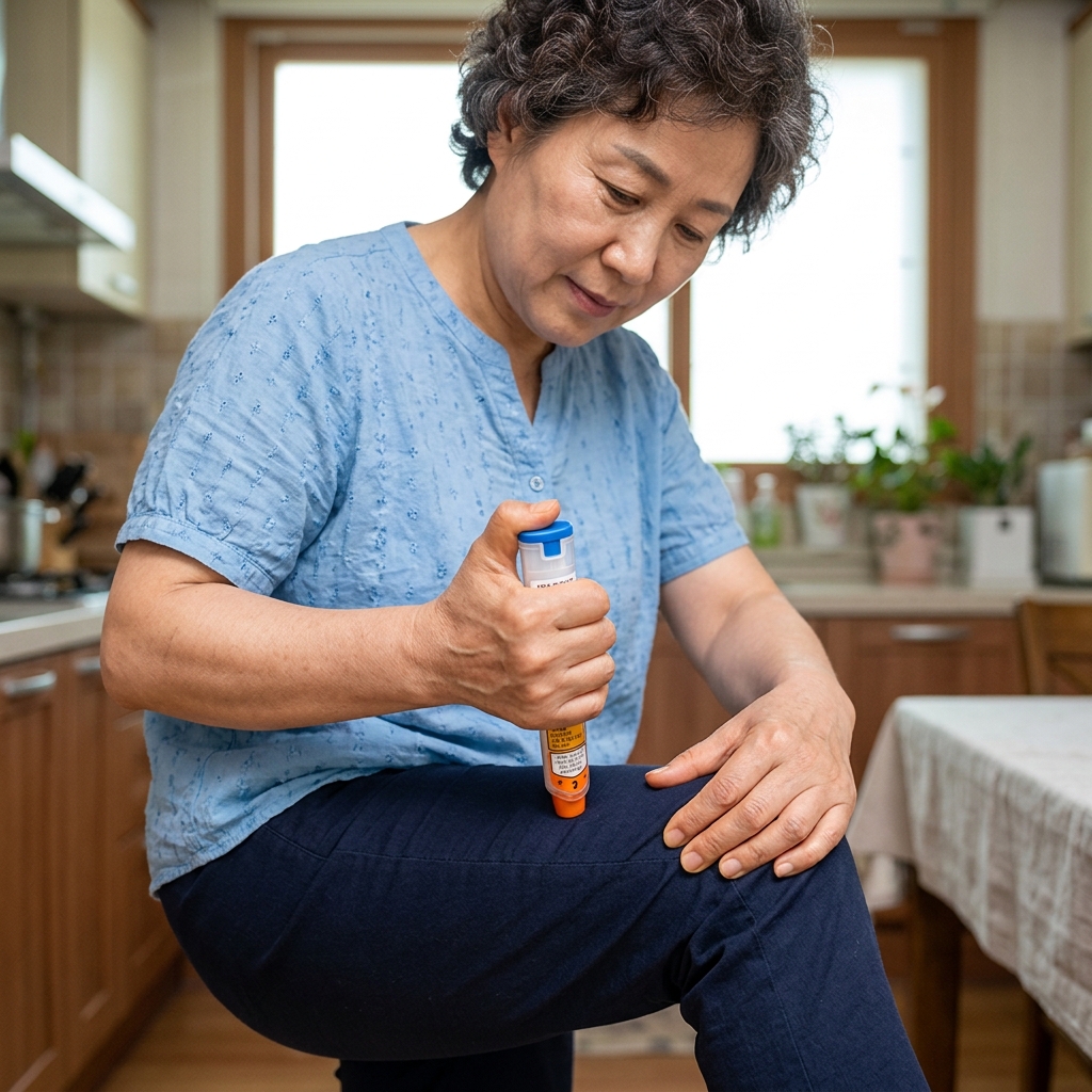 에피네프린 자가주사기를 허벅지 바깥쪽에 수직으로 대고 있는 중년 여성의 손, 반팔 셔츠 차림, 밝은 실내 조명