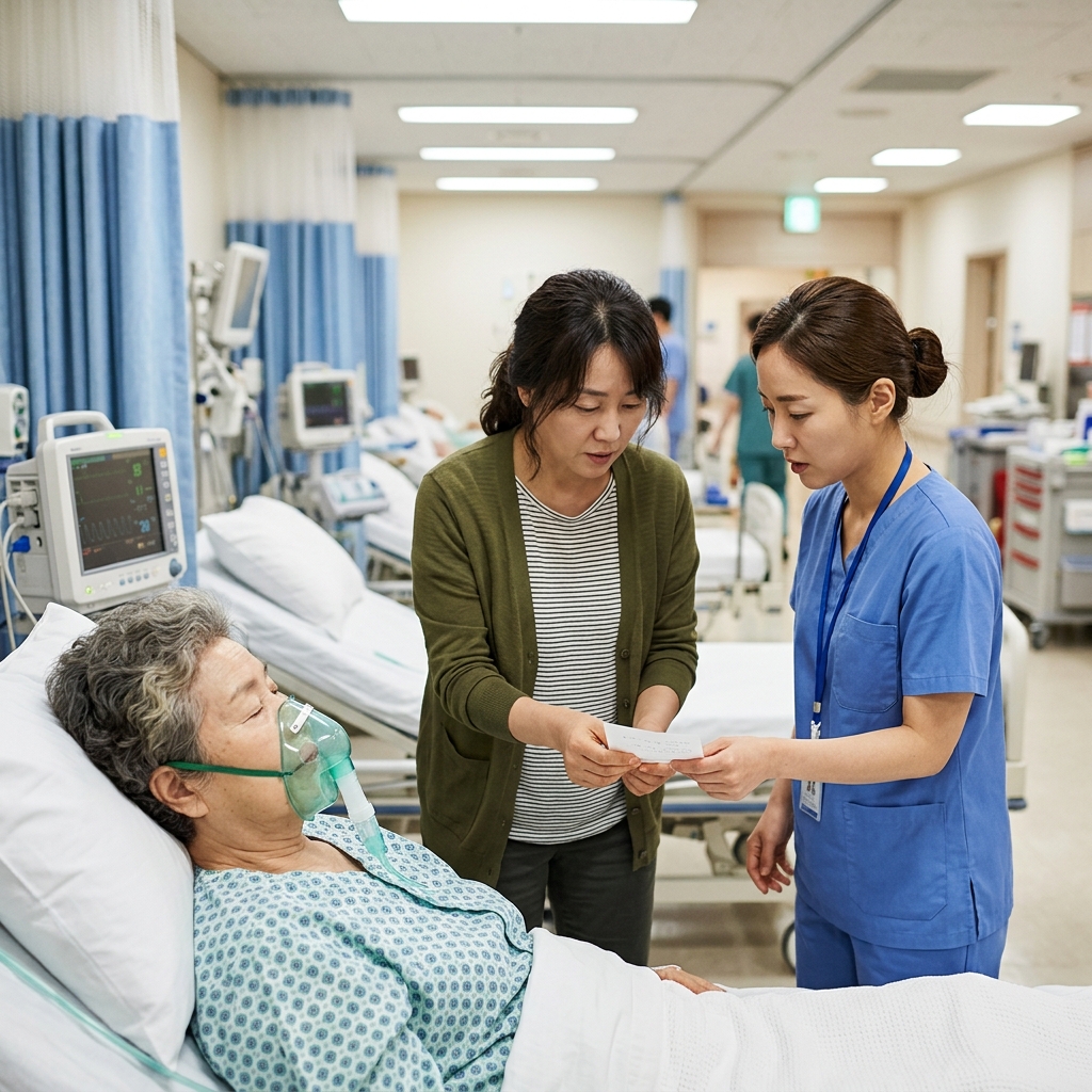 응급실 침대에 누워 산소마스크를 착용한 70대 여성, 보호자가 의료진에게 메모지를 건네는 장면, 밝은 병원 조명