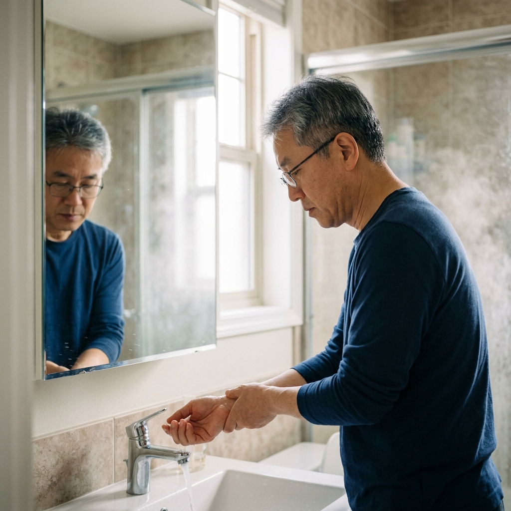 욕실 거울 앞에서 손목 안쪽에 물을 테스트하는 50대 남성, 수증기가 살짝 오른 밝은 욕실 배경