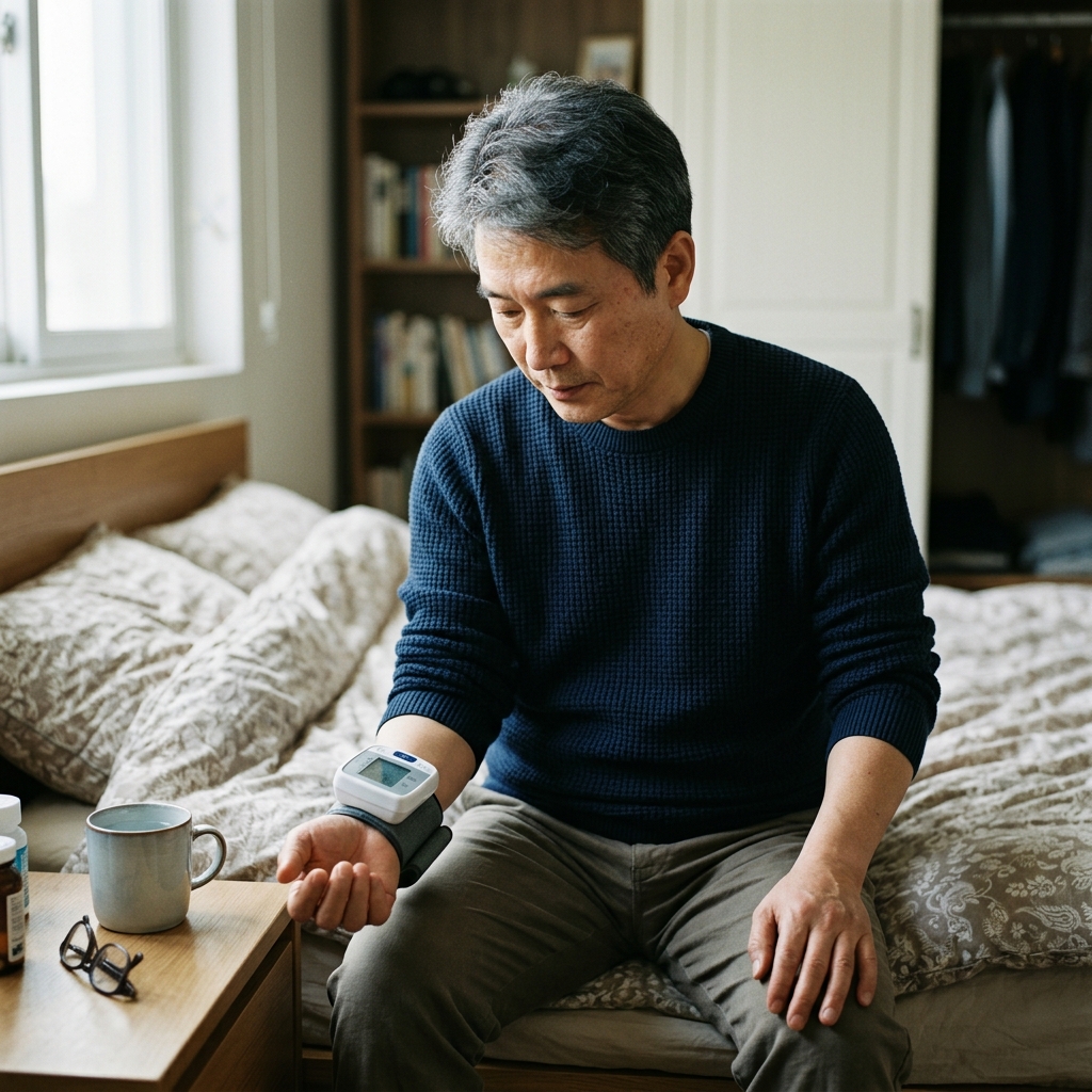침대 옆 탁자 위 물컵과 손목에 혈압계를 착용한 중년 남성