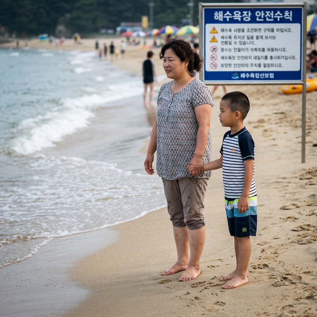 해변가 모래사장에서 초등학생 정도 아이가 보호자 옆에서 물가를 바라보고 있고, 보호자가 아이 손을 잡고 있는 모습. 배경에 해수욕장 안전 표지판과 낮은 파도가 보인다