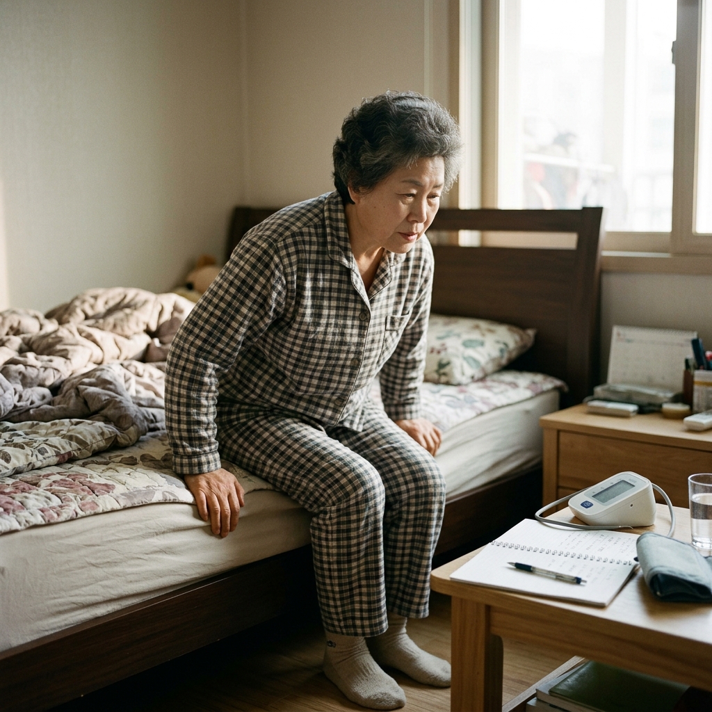 침대 가장자리에 앉아 천천히 일어서려는 중장년 여성. 한 손은 침대 프레임을 잡고 있으며, 옆 탁자에는 혈압계와 기록 노트가 놓여 있음. 창밖으로 이른 아침 햇빛.