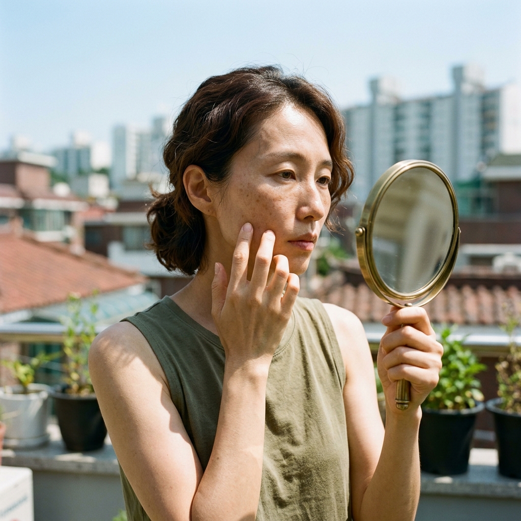 여름 햇살 아래 거울을 들여다보며 얼굴 피부를 확인하는 30대 한국인 여성의 모습