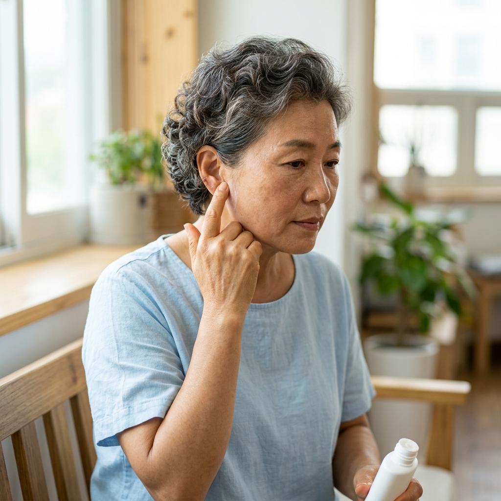 50대 중반 여성이 귀 부위에 선크림을 바르고 있는 장면, 얇은 반팔 셔츠, 밝은 실내 배경, 자연광