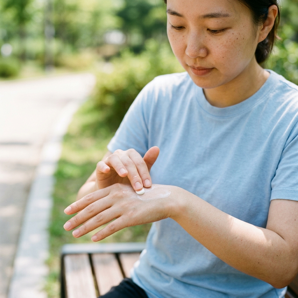 손등에 선크림을 소량 바르고 백탁 여부를 확인하는 손, 자연광 아래, 밝은 배경