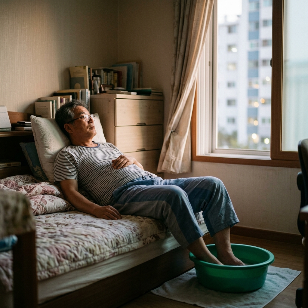 열린 창가 옆 침대에 누워 잠들기 전 시원한 바람을 쐬며 족욕 대야에 발을 담그고 있는 60대 후반 남성
