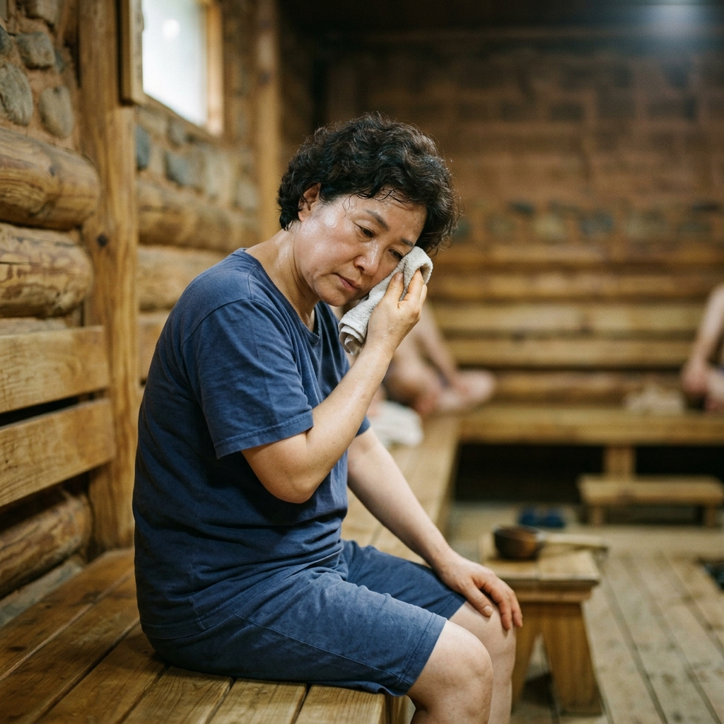 한증막에서 얼굴을 수건으로 닦으며 앉아 있는 중년 여성, 짧은 소매 옷차림, 땀이 흐르는 모습