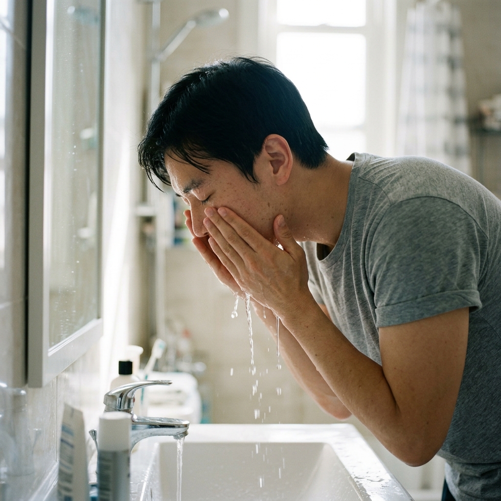 세면대 앞에서 미온수로 세안하는 모습, 자연광 들어오는 욕실 배경