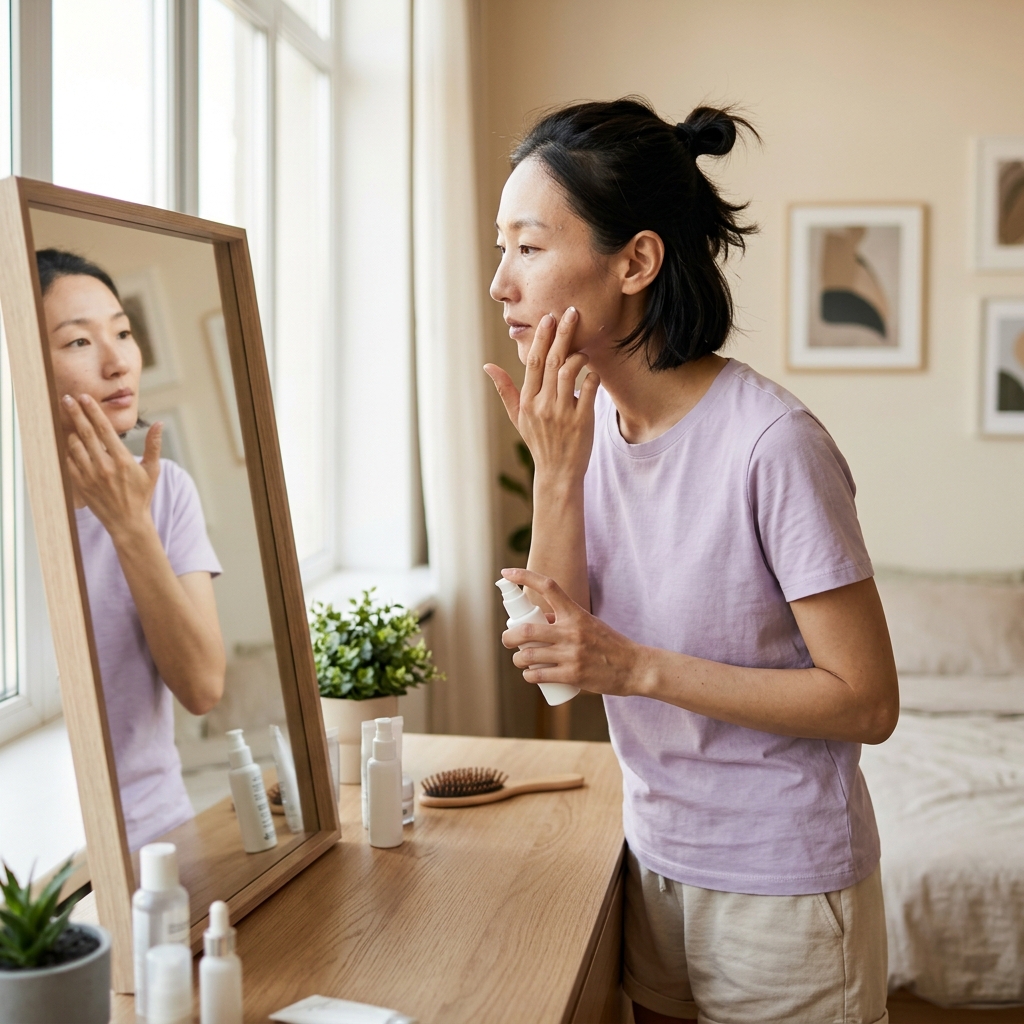 30대 여성이 여름철 밝은 실내에서 거울을 보며 얼굴에 가벼운 로션을 바르고 있는 모습, 반소매 티셔츠 착용