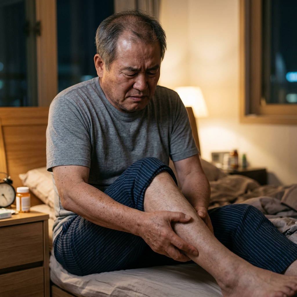 밤에 침대에 앉아 종아리를 손으로 감싸 쥐고 표정을 찌푸린 70대 남성