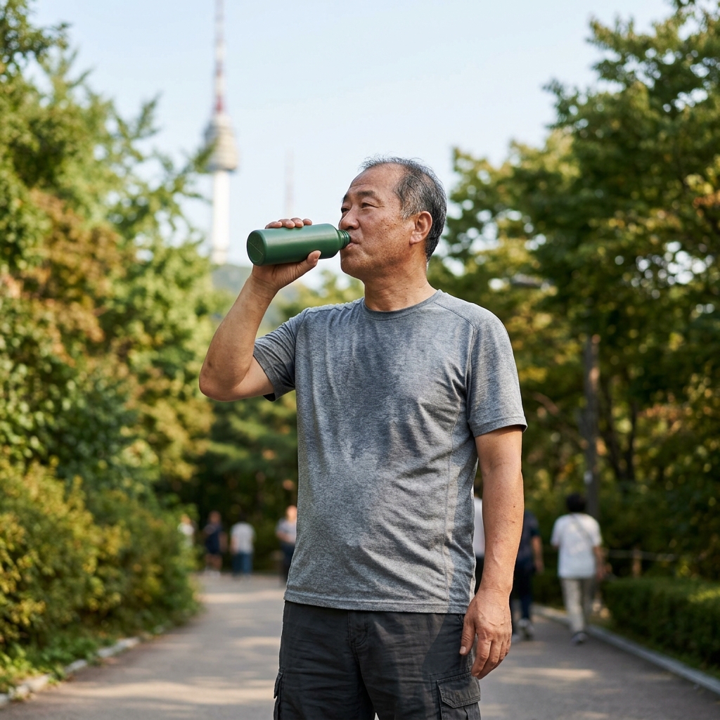 야외 운동을 마치고 물병을 든 중년 남성이 잠시 멈춰 서서 물을 천천히 마시는 장면