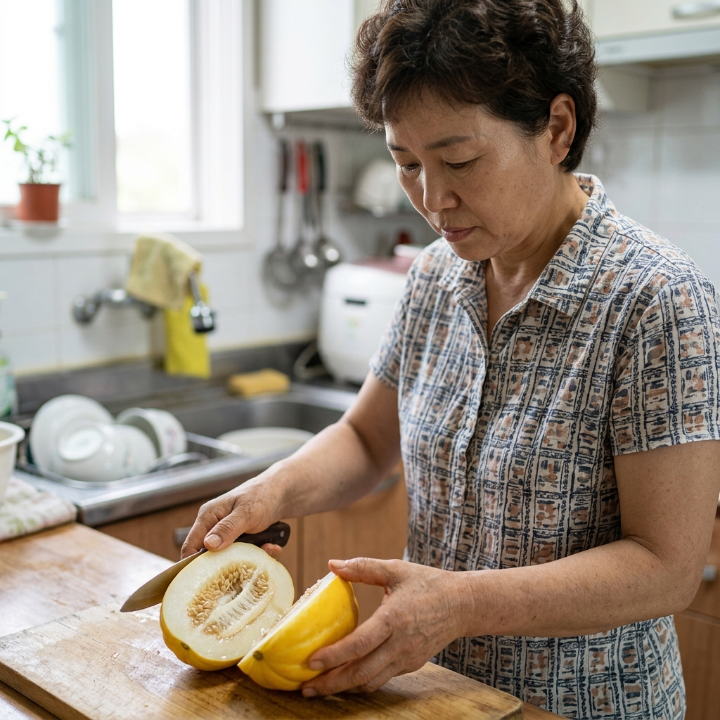 참외를 반으로 갈라 가운데 씨와 태좌 부분을 확인하는 모습, 밝은 주방 배경