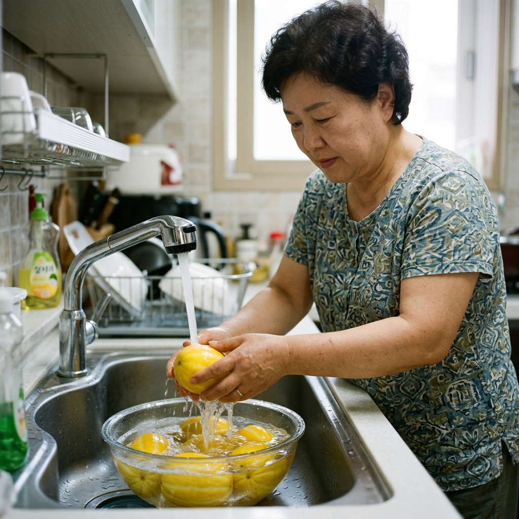 참외를 흐르는 물에 씻는 장면, 투명한 유리 그릇과 개수대