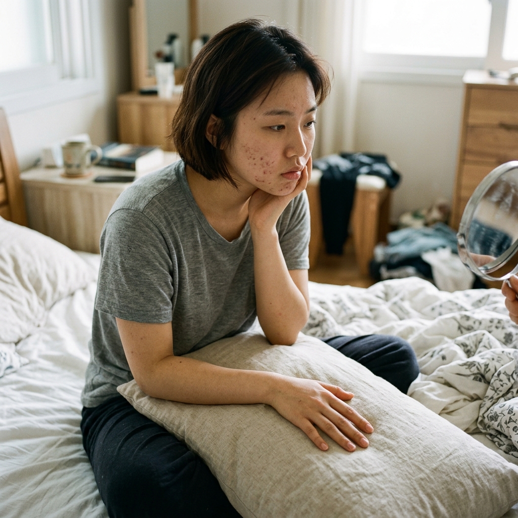 침대 위 베갯잇을 만지며 여드름이 난 얼굴을 살피는 20대 여성