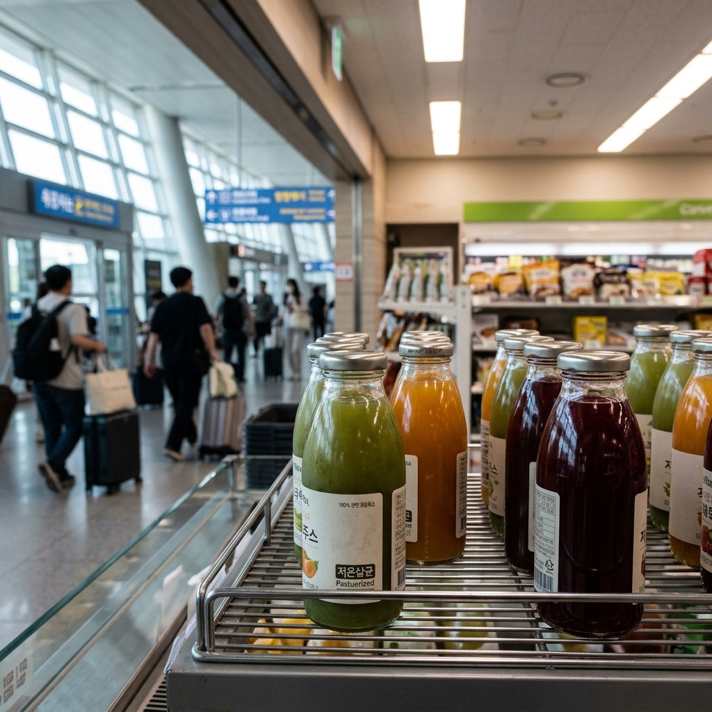 공항 편의점 진열대에 놓인 밀봉된 병 주스, 라벨에 저온살균 표시가 선명하게 보이는 모습