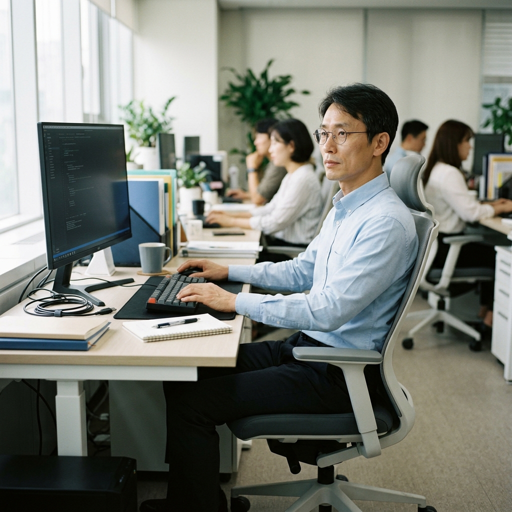 바르게 세팅된 책상 앞에서 모니터를 정면으로 보며 바른 자세로 일하는 직장인의 전신