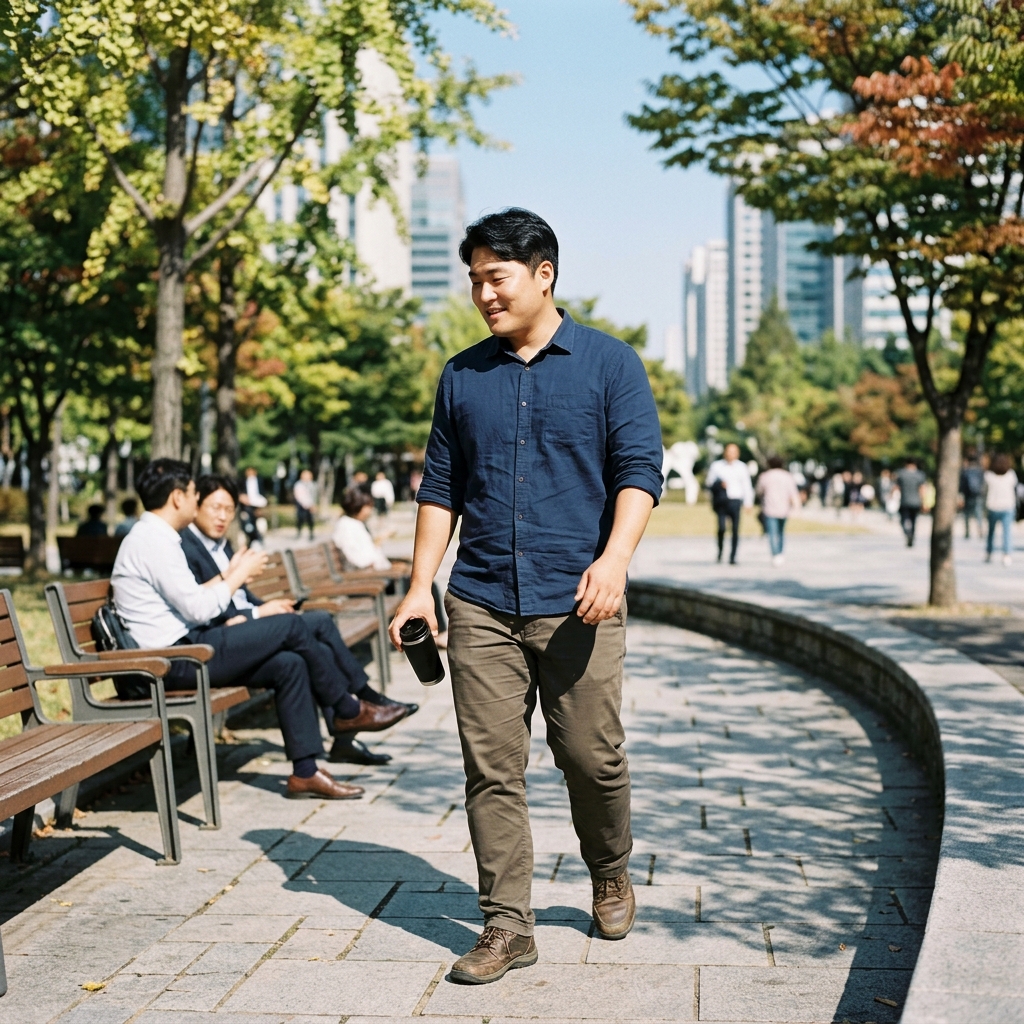 점심시간 야외 벤치에서 햇빛을 쬐며 가볍게 걷는 30대 직장인 남성