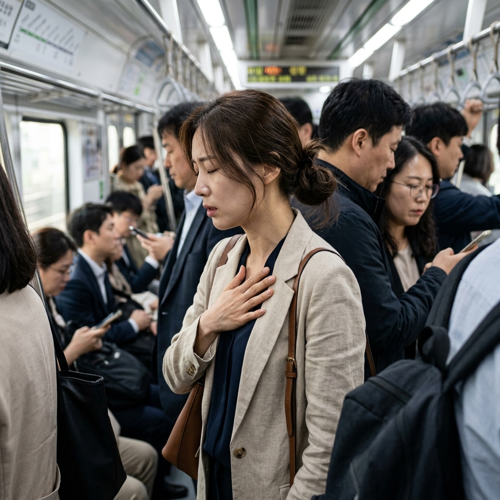출근 시간 만원 지하철 안에서 손으로 가슴을 짚고 호흡을 가다듬고 있는 한국인 직장인 여성의 옆모습, 자연광, 현실적인 장면