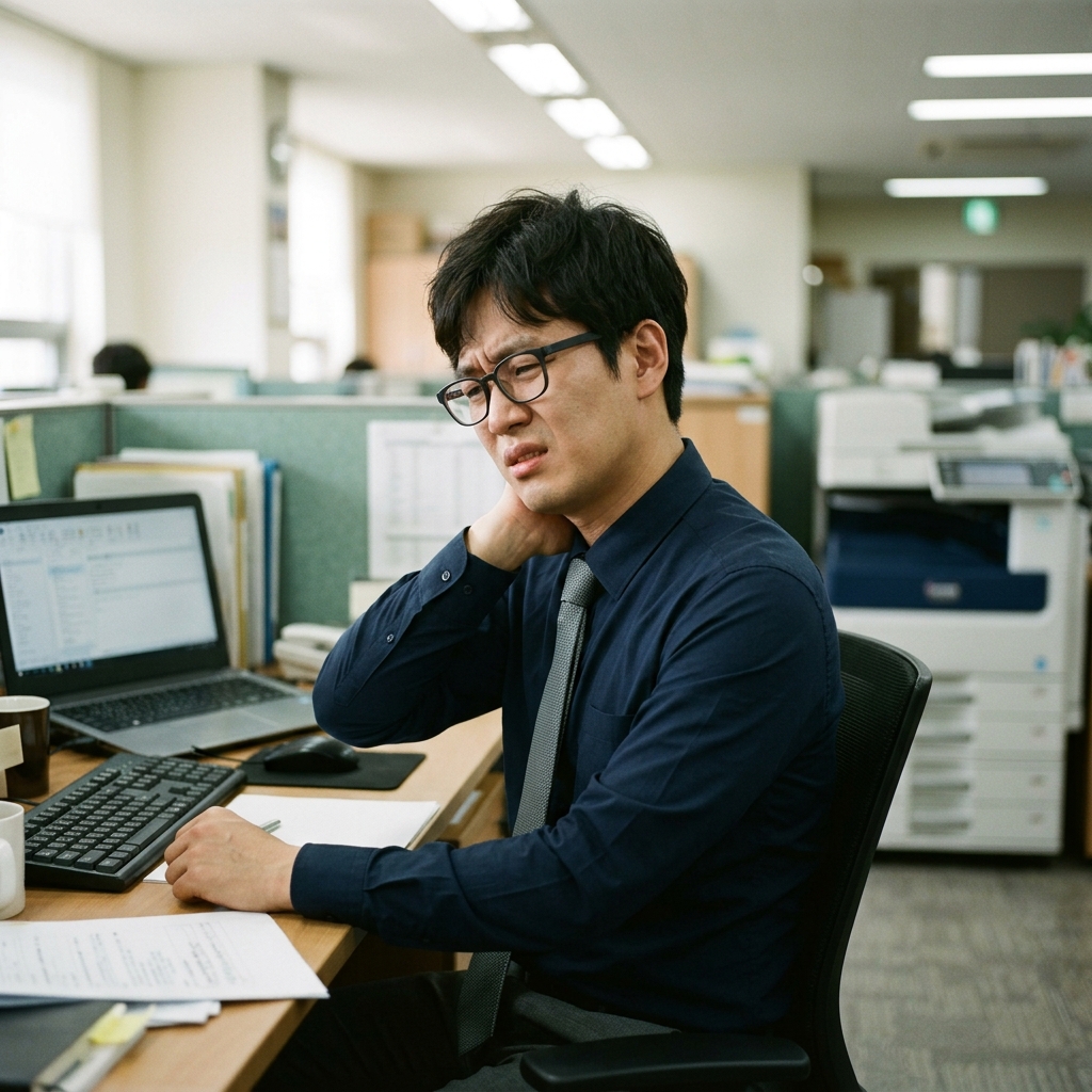 사무실 책상 앞에서 목을 만지며 불편한 표정을 짓는 30대 직장인, 배경에 복합기가 보이는 실내 환경