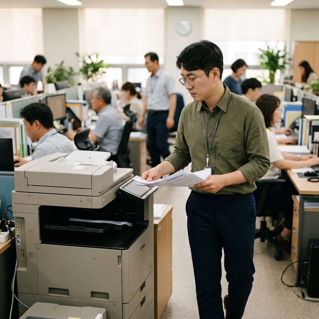 복합기 근처에서 출력물을 받는 직장인, 가까운 거리의 프린터와 함께 있는 장면