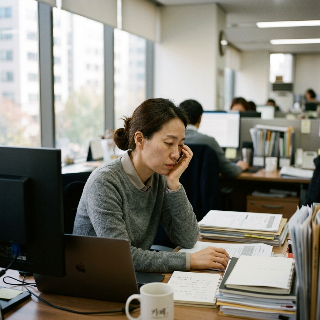사무실 책상 앞에서 눈 밑을 손으로 짚으며 피로한 표정을 짓고 있는 30대 직장인의 모습, 노트북과 서류가 놓인 업무 환경, 자연광이 들어오는 실내