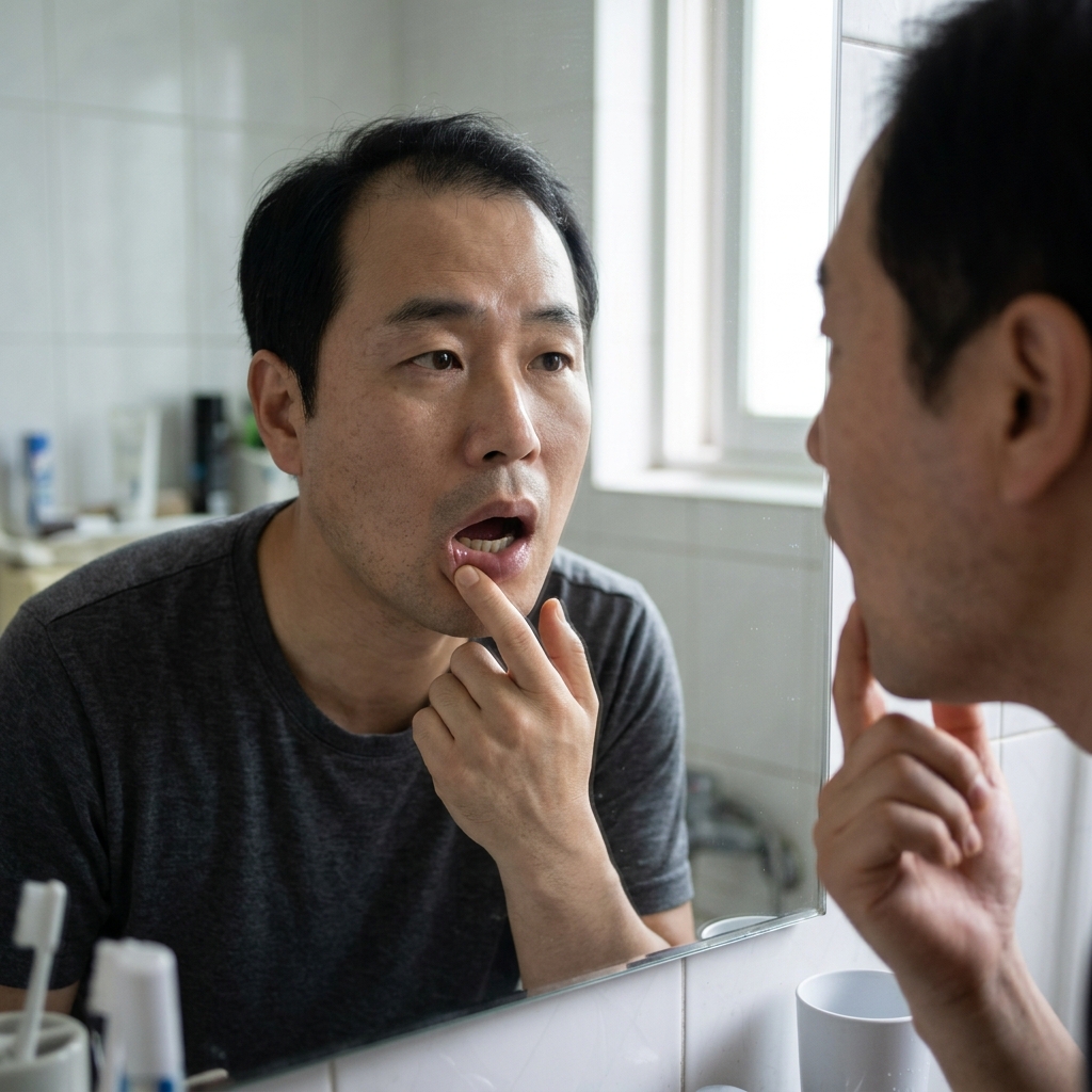 거울을 보며 입 안쪽을 손가락으로 확인하는 40대 직장인의 클로즈업, 밝은 조명 아래 세면대 앞, 걱정스러운 표정