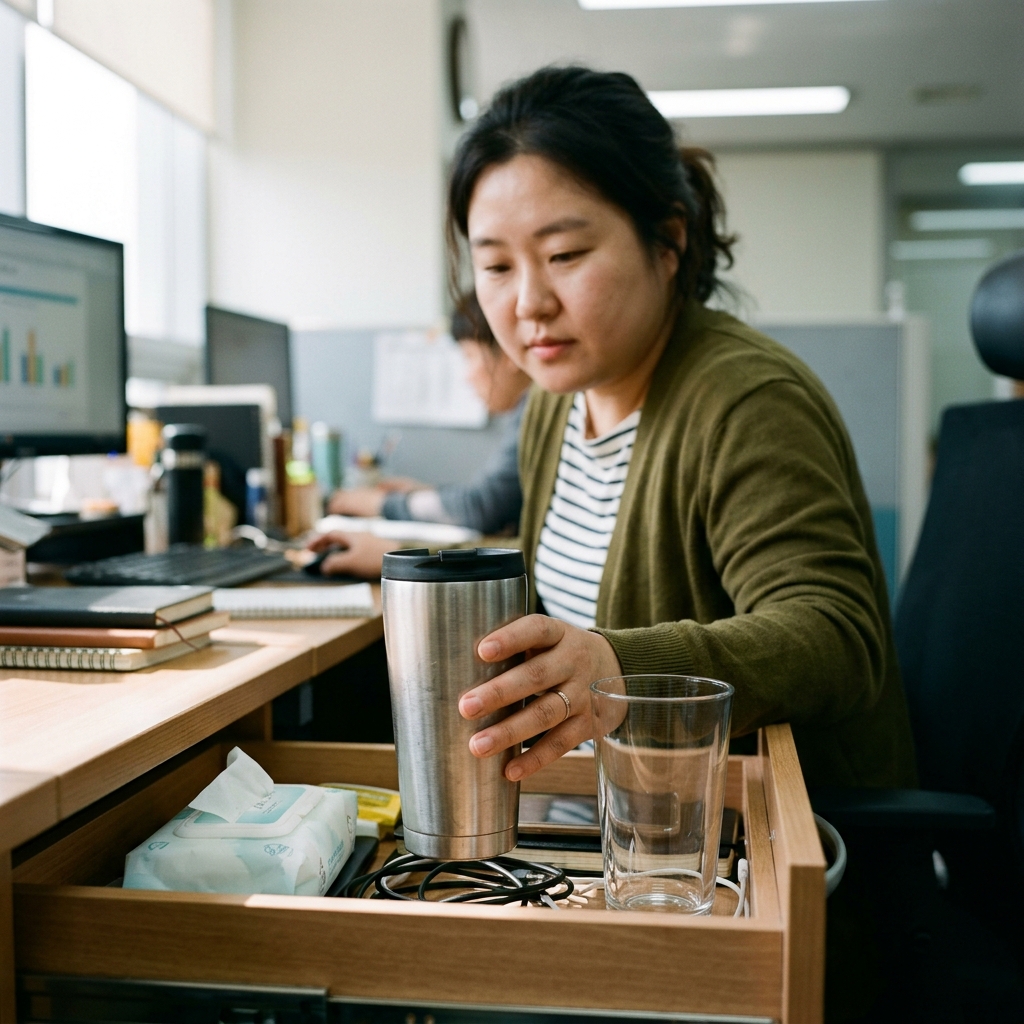 사무실 책상 서랍에 보관된 개인 스테인리스 텀블러와 유리 컵