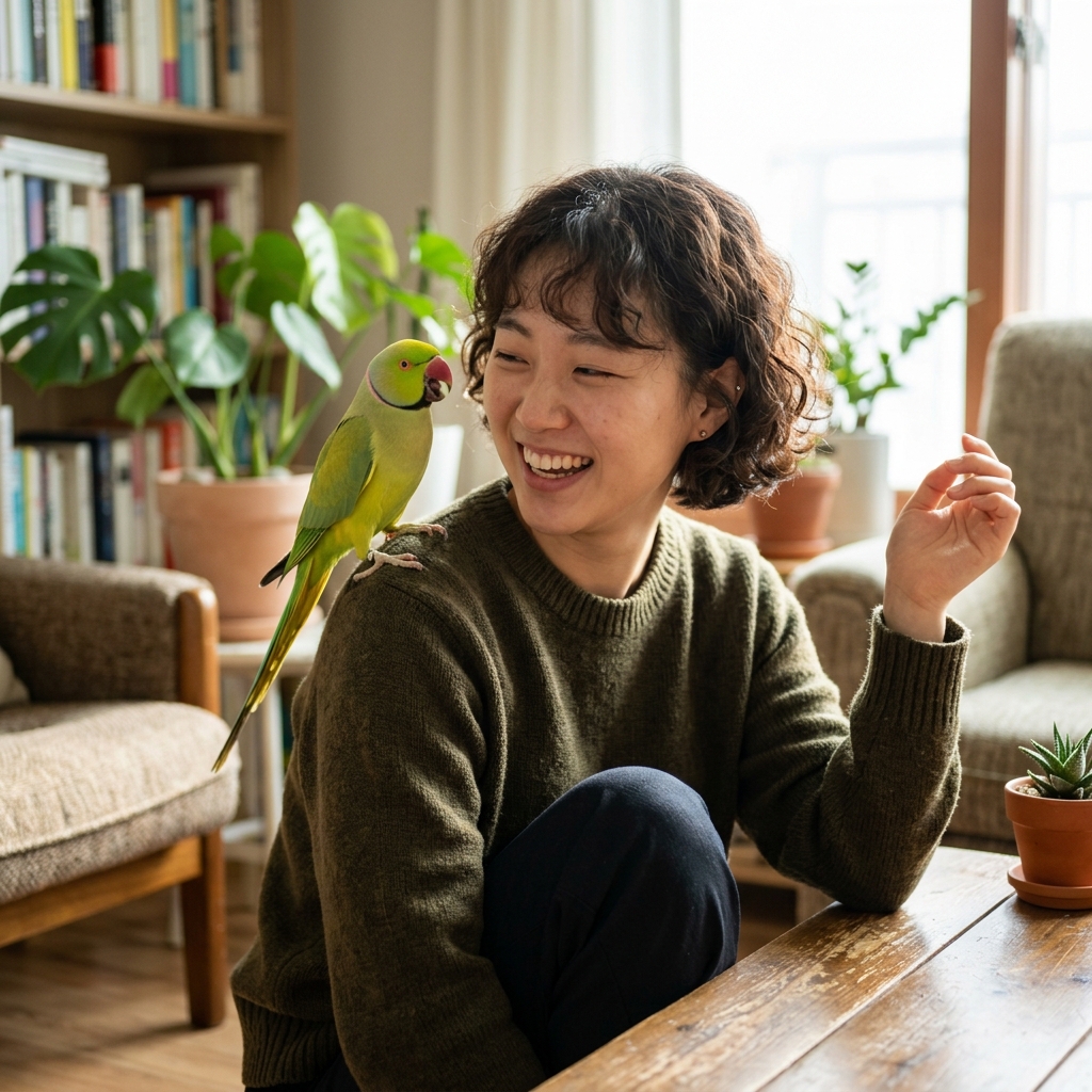 사람 옆에서 밝은 표정으로 말하는 듯한 앵무새의 모습