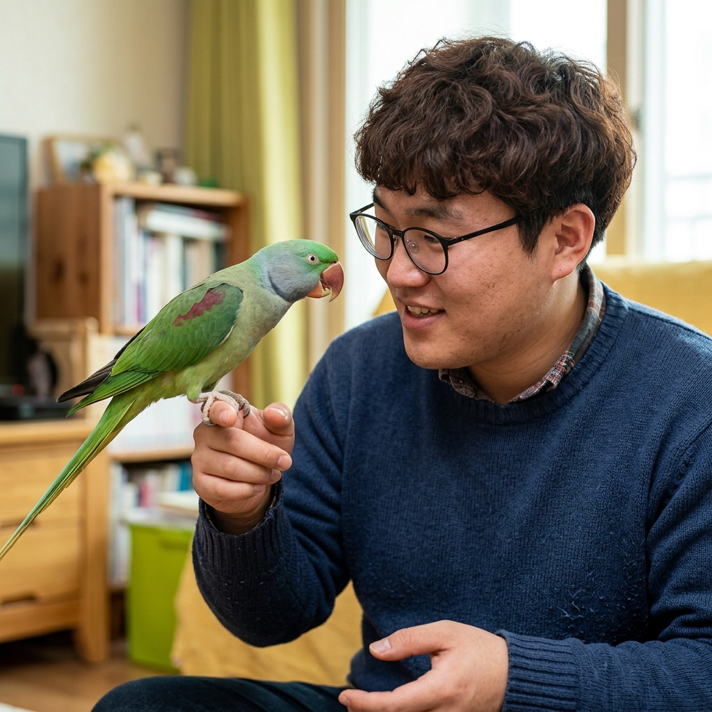사람 손가락에 앉아 말을 따라 하는 앵무새의 가까운 모습