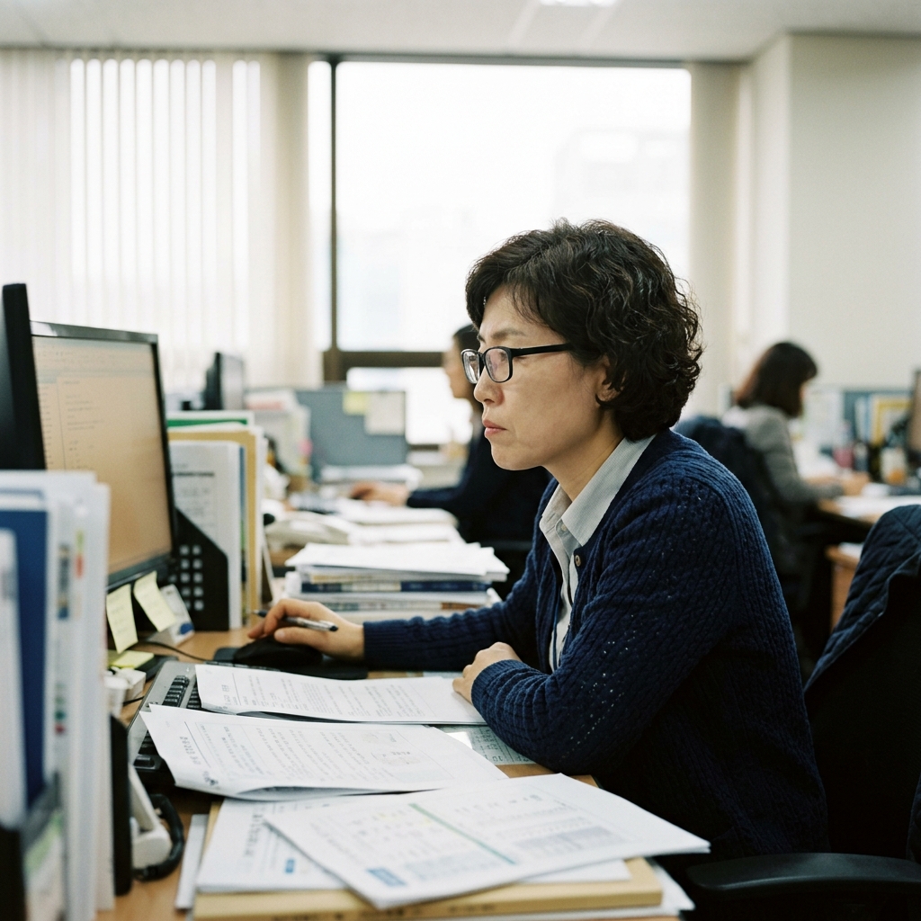 사무실 책상 앞에서 모니터를 보며 서류 작업에 집중하는 40대 중반 한국인 직장인의 옆모습, 턱 라인에 긴장감이 보이고 어깨가 약간 올라간 자세, 자연광이 들어오는 실내 배경
