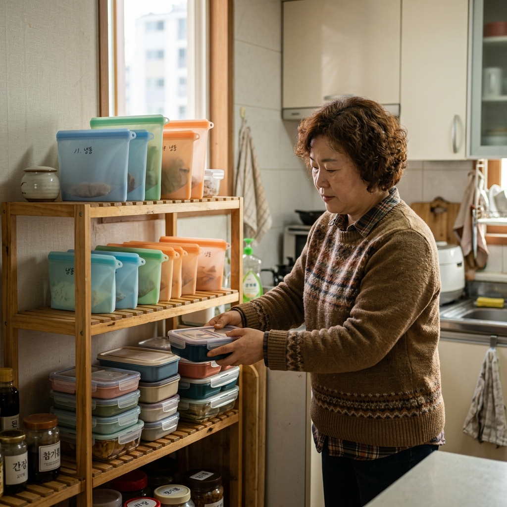 분리형 도시락통과 실리콘 지퍼백이 정리된 주방 선반