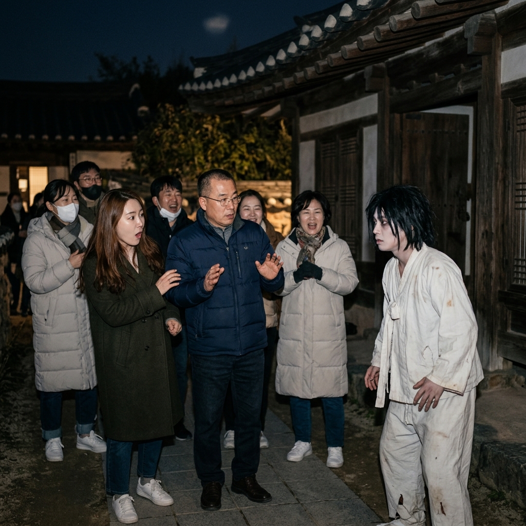 어두운 전통 한옥 앞에서 귀신 분장한 배우를 마주친 관람객들이 놀라는 장면