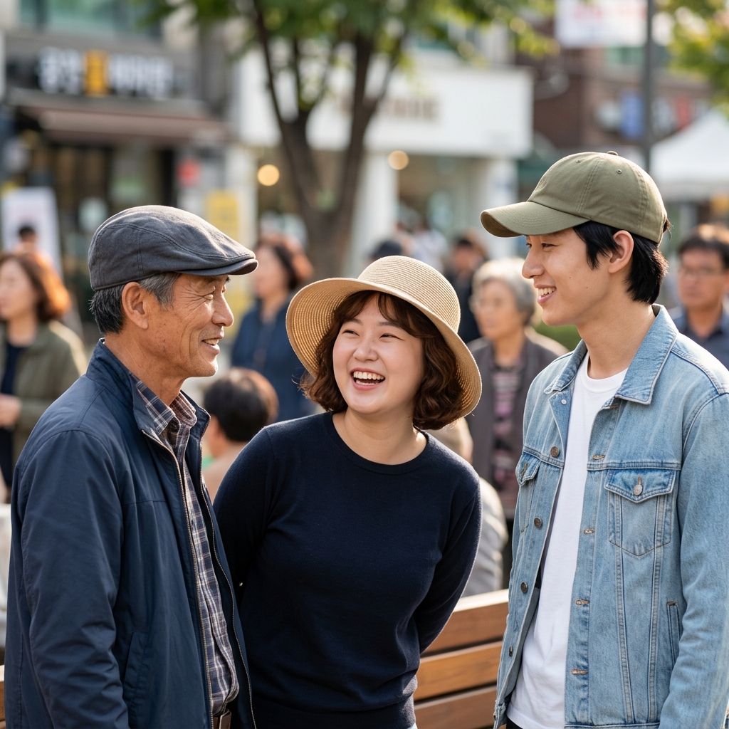 다양한 얼굴형의 사람들이 각자에게 어울리는 모자를 쓰고 자연스럽게 미소 짓는 모습