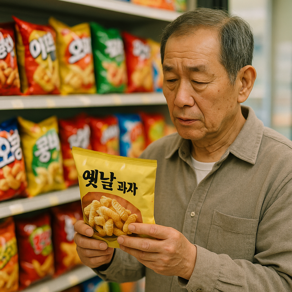 편의점 진열대에 줄지어 놓인 다양한 색상의 과자 봉지들과 손에 든 옛날 과자 포장지를 바라보는 모습