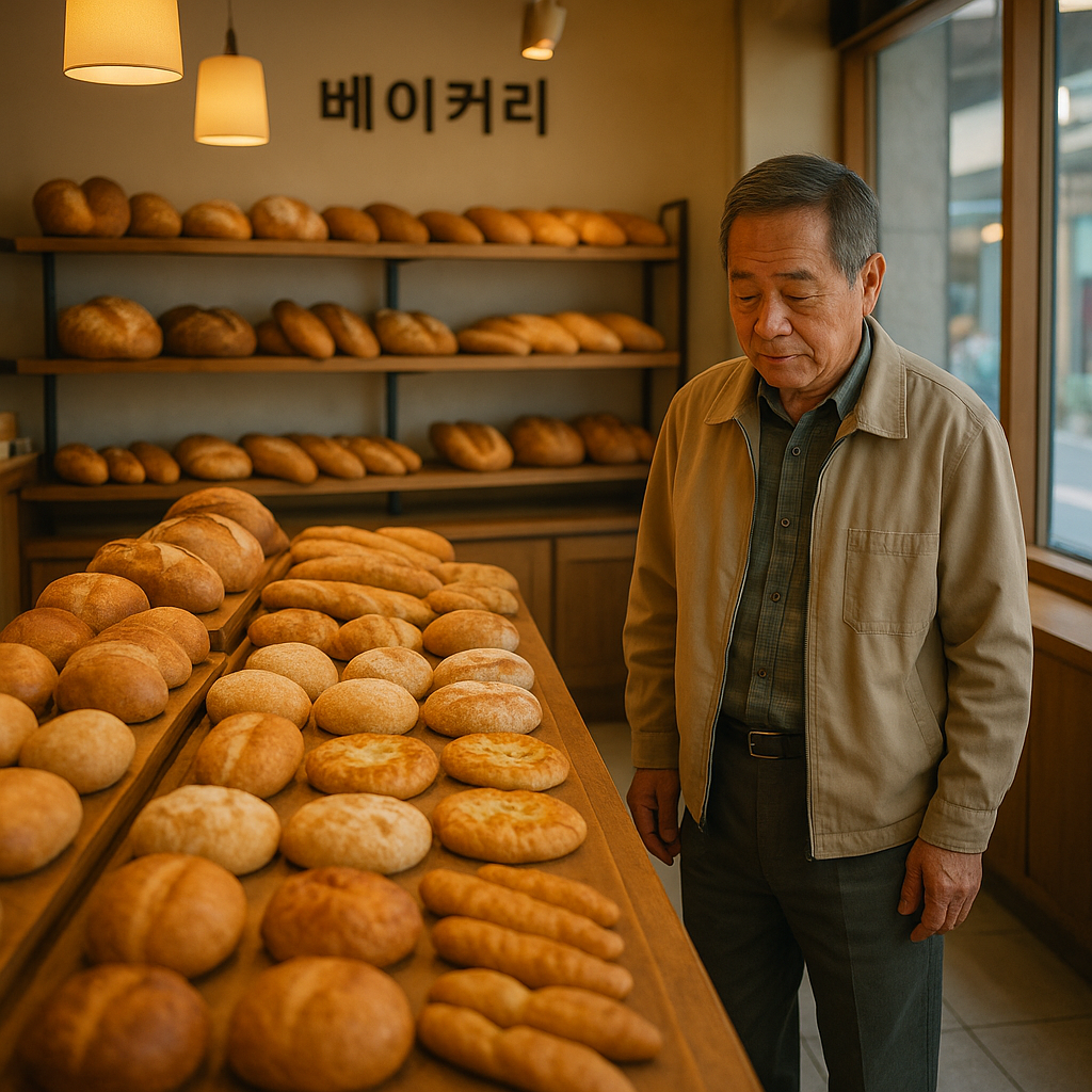 따뜻한 조명 아래 다양한 빵이 진열된 대전 베이커리 매장 풍경