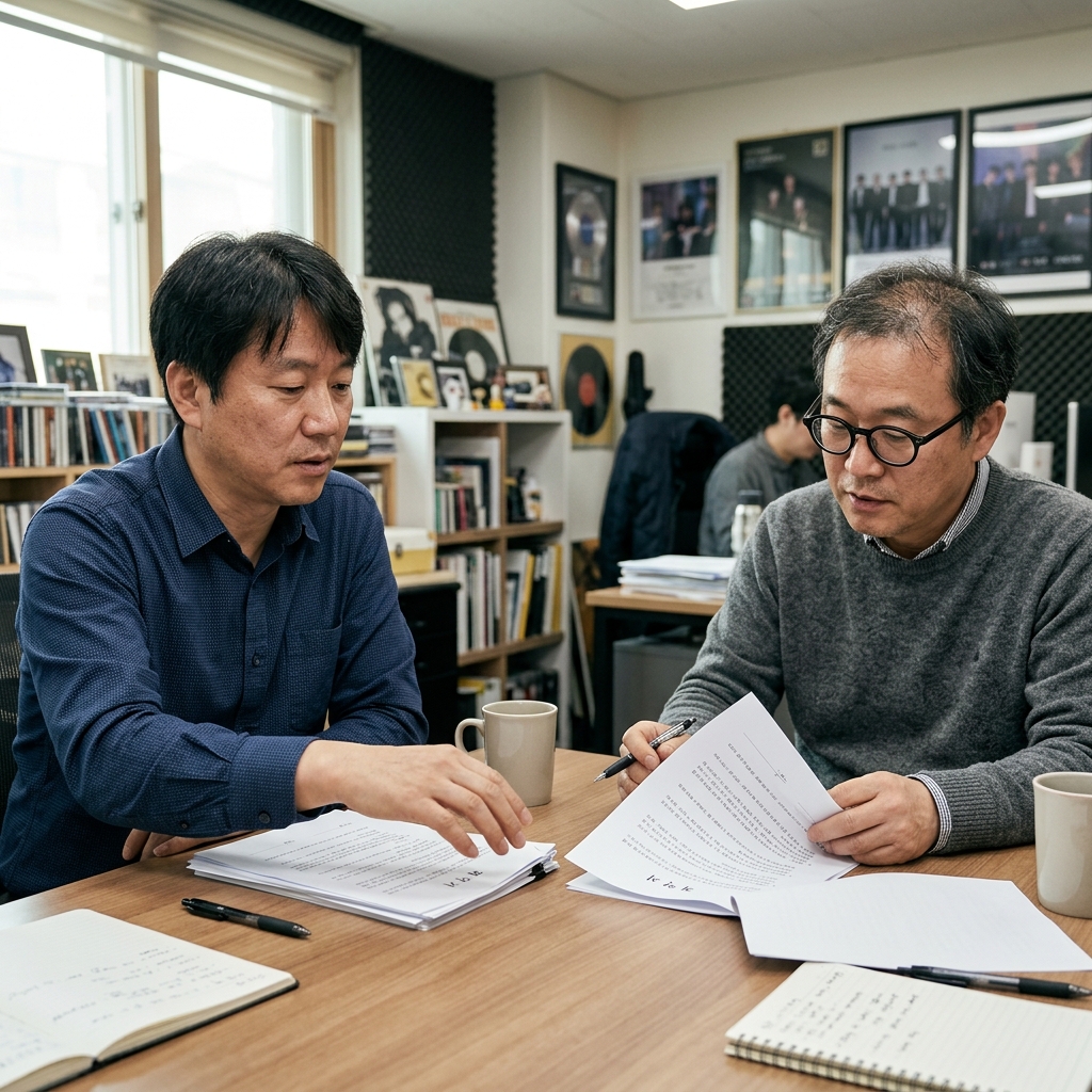 계약서와 펜이 놓인 책상 위 A&R 미팅 장면
