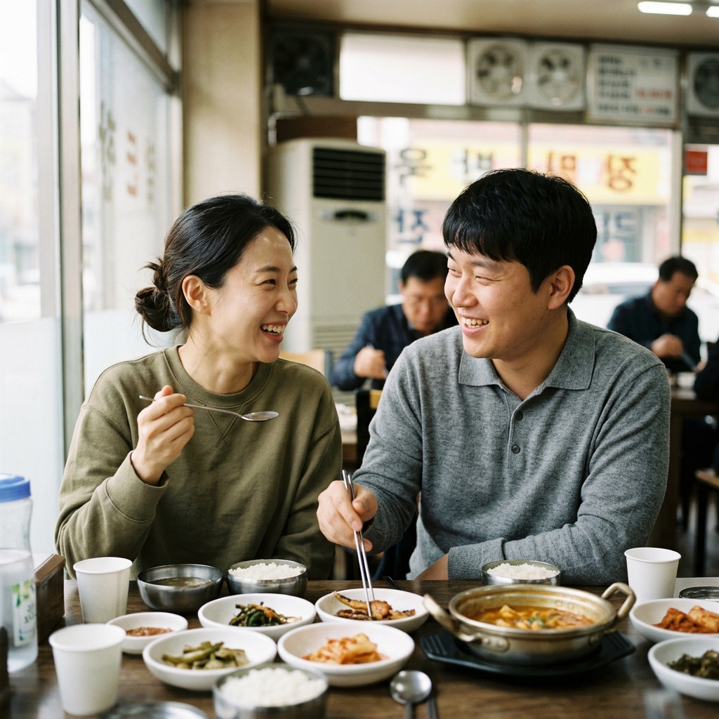 행복한 표정으로 함께 식사하는 한국인 커플의 모습