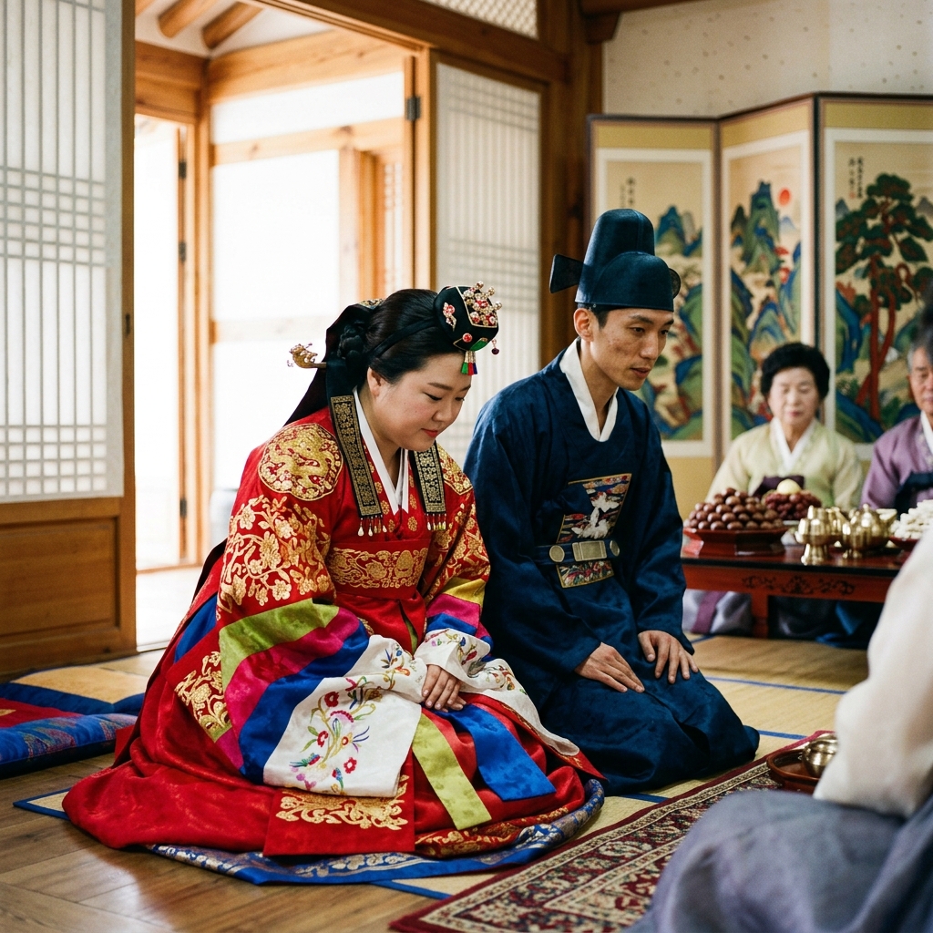 전통 의상을 입은 신랑신부가 종교 의식을 진행하는 장면